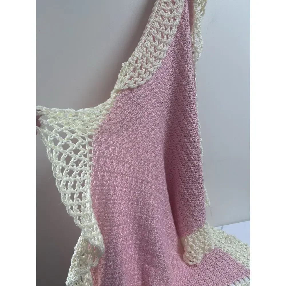 Handmade Crochet Baby‎ Blanket Pink Cream Ruffle Border Soft Yarn 44x29